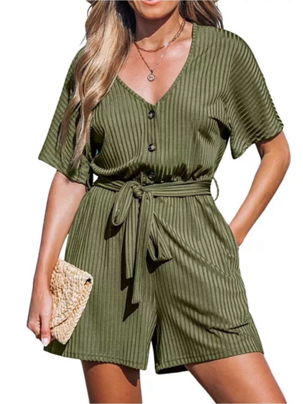 Cupshe Olive Green V-Neck Ribbed Short Jumpsuit with Tie Waist